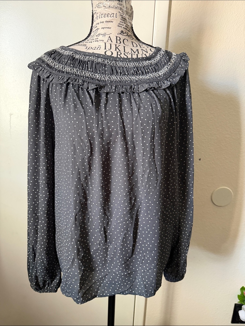 LOFT Gray Polka Dot Off-Shoulder Blouse